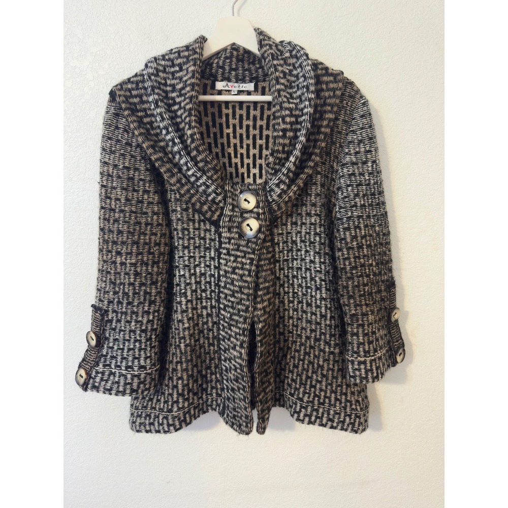 Avette Womens Shawl Collar Jacket Cardigan Sweater Knit Large Black Tan Textured
